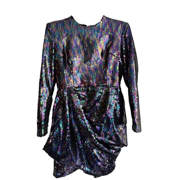 Alex Perry Iris Petrol Blue Sequins Shoulder Pads Draped Mini dress US size 10 - Picture 4 of 14